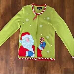 Green Vintage Men’s Ugly Christmas Sweater Cardigan SMALL Santa & candy canes